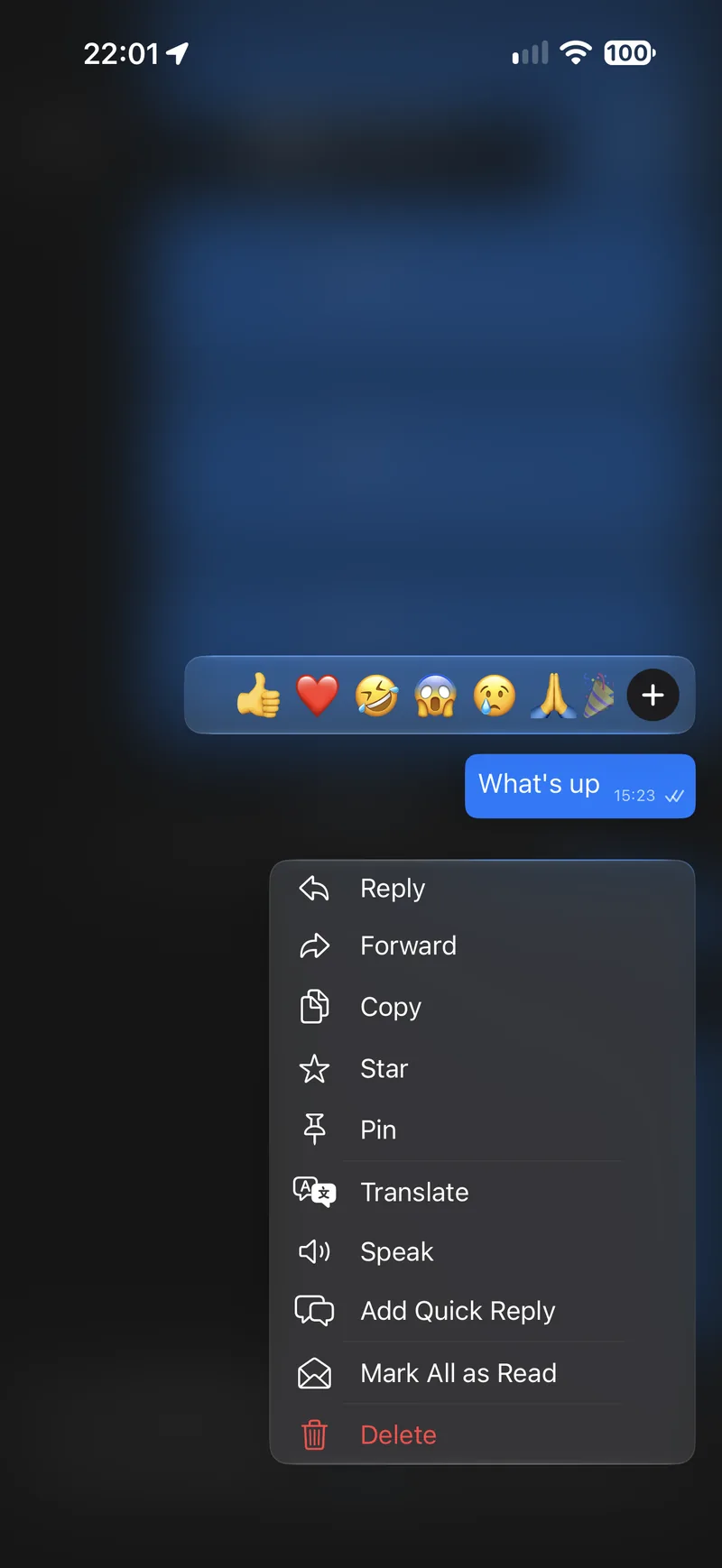 A long-pressed chat message with the action menu open, showing Add Quick Reply between Speak and Mark All as Read